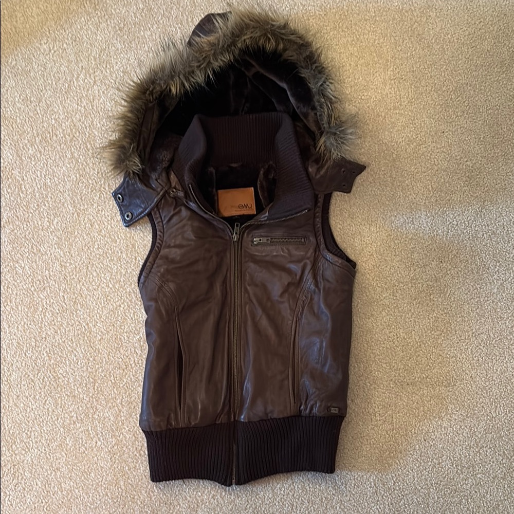EMU Brown Leather Vest 100% SheepSkin with Fur Hood XS